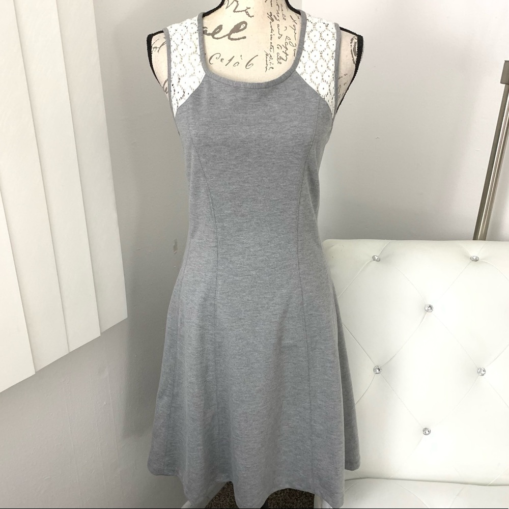 Ann Taylor Loft Heather Grey Skater Fit & Flare Dress Lace Inset Shoulders 10